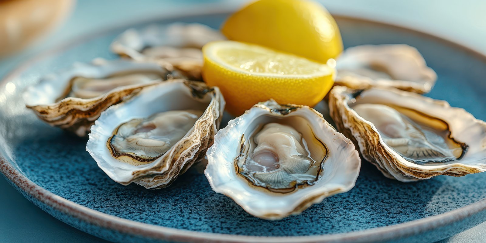 Freshly opened oysters served with lemon on a blue plate at a coastal restaurant